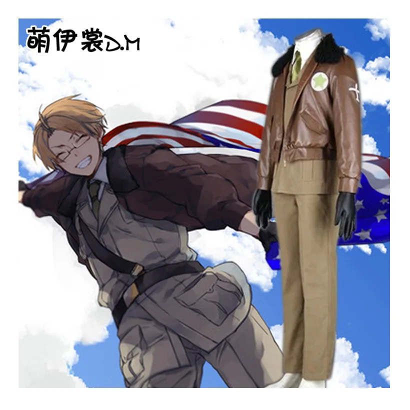 

American Military Uniform APH Axis Powers Hetalia Alfred F. Jones Cosplay Costume Halloween Adult Brown Uniform for Man Woman