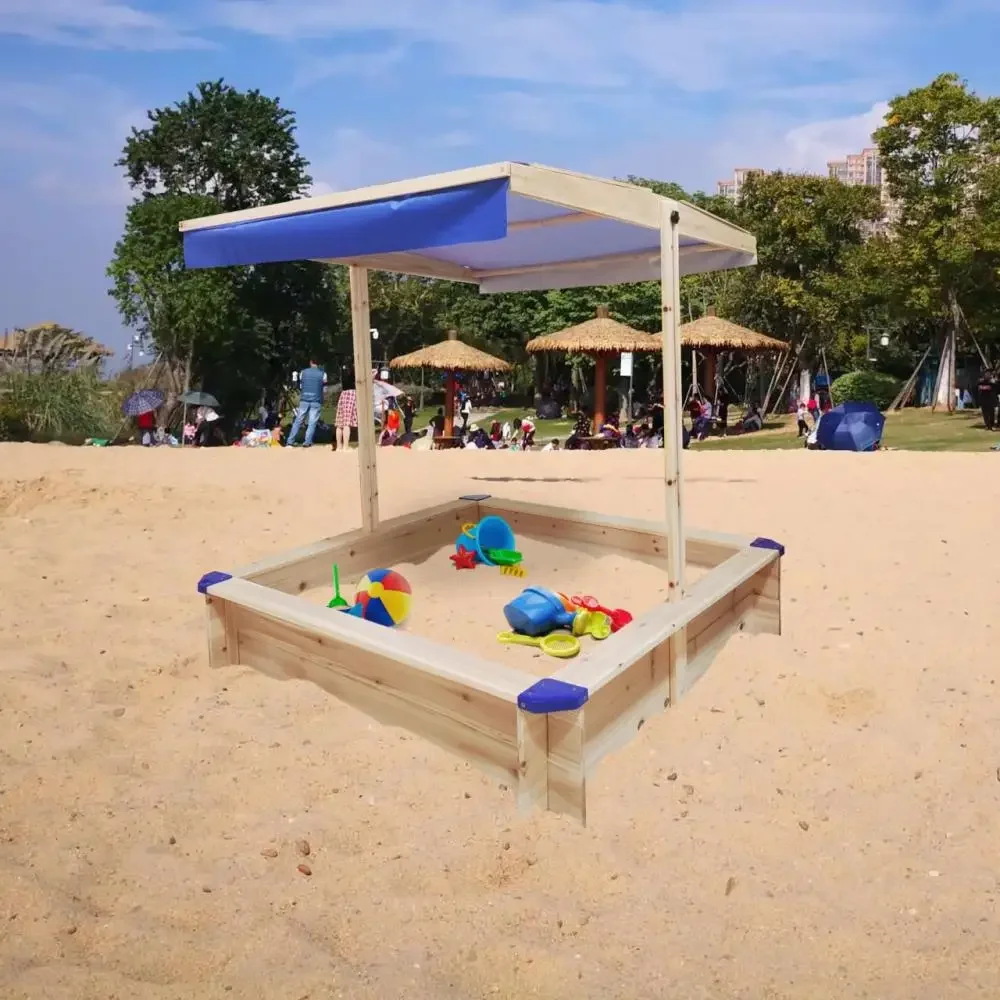 Children's Wooden Sandbox with Adjustable Canopy, Sandpit Covers Kids Wood Playset, Outdoor Backyard-Upgrade Retractable, Golden 2
