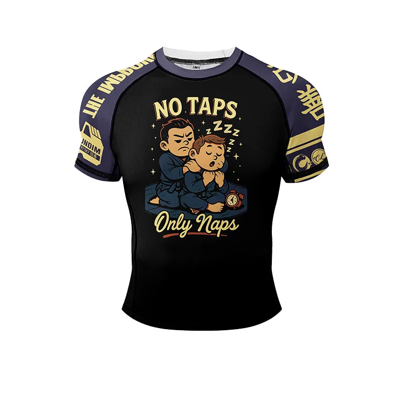 �No Taps Only Naps“ Jiu-Jitsu-Print-Rashguard, schnell trocknendes, atmungsaktives MMA-Trainings-Kompressionsshirt für Herren und Damen