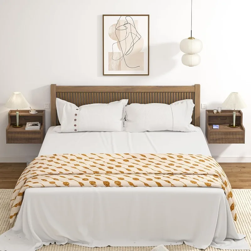 Nightstand Set of 2 with Drawer, Wall Mounted Night Stand, Small Bedside End Table, Modern Wood Floating Bedside