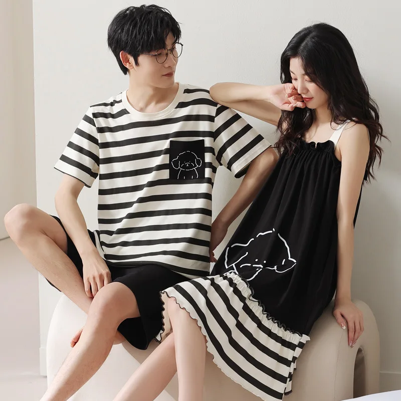 Korean Cotton Short Couple Pajamas Suit Cartoon Print Casual Daily Sleepwear Summer Shorts Women Men Homewear Mujer Hombre