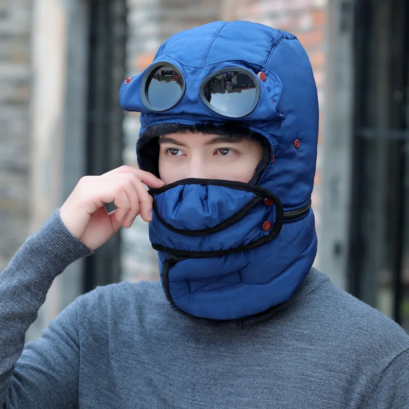 2023 Winter Bomber Hat with Glasses Mask Windproof Hood Pilot