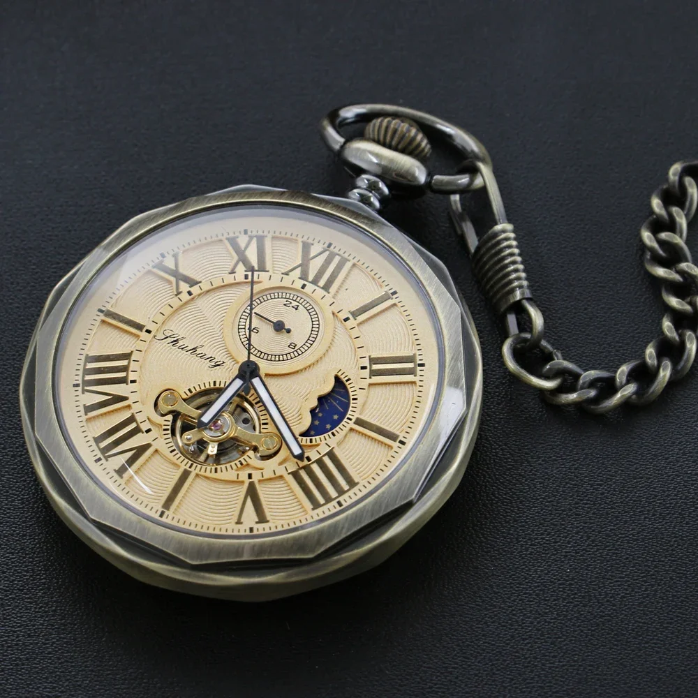 

Antique Moon Phase Flywheel Vintage Mechanical Men's Pocket Watch, Roman Dial Clock Hand Wind Pocket Watch with FOB Chain Gift