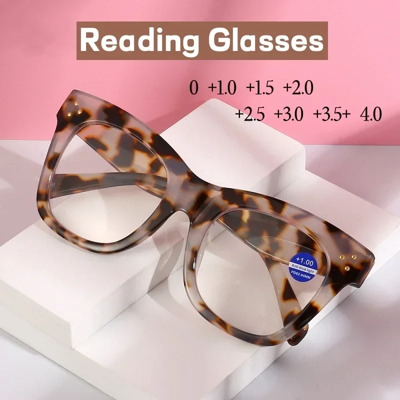 Vintage Oversize Frame Women Reading Glasses High Quality Far-sighted Eyeglasses Retro Antiblue Light Presbyopia Diopter Eyewear