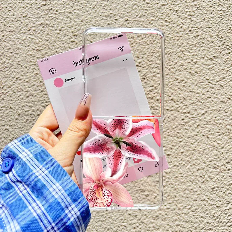 Pink Lily Flower Pattern Clear Hard PC Folding Phone Case