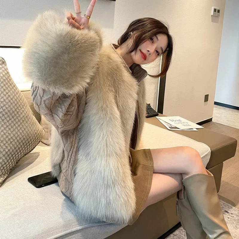 Elegant Women Faux Fur Coat Autumn Winter Female Imitation Fox Fur Patchwork Knitting Sweater Design Sense Loose Casual Outwear