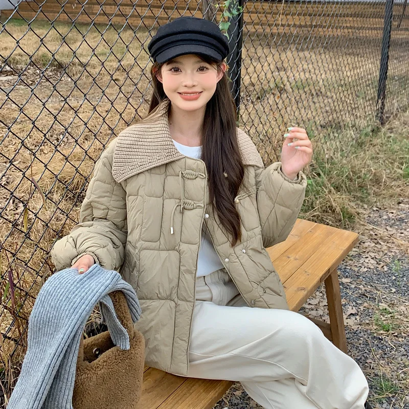 

Knitted Large Lapel Short Puffer Jacket Women 2023 Winter Down Coat Elegant Special Design Warm Parkas Female Windproof Outwear
