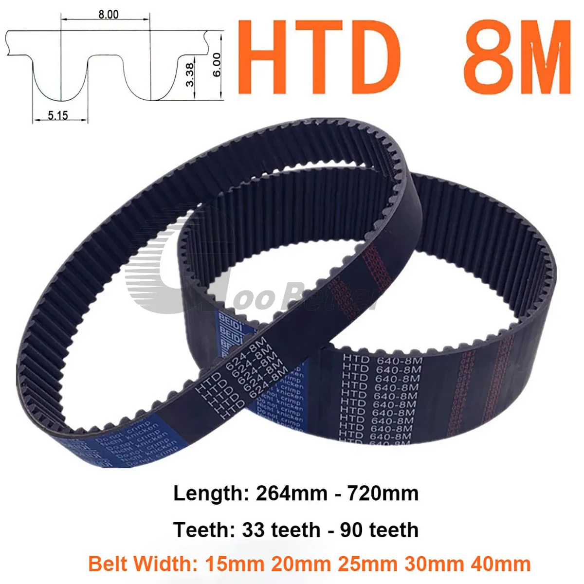 1Pcs HTD 8M Rubber Timing Belt Perimeter 264mm - 720mm 33Teeth - 90Teeth Closed Loop Synchronous Belt Width 15 20 25 30 40mm