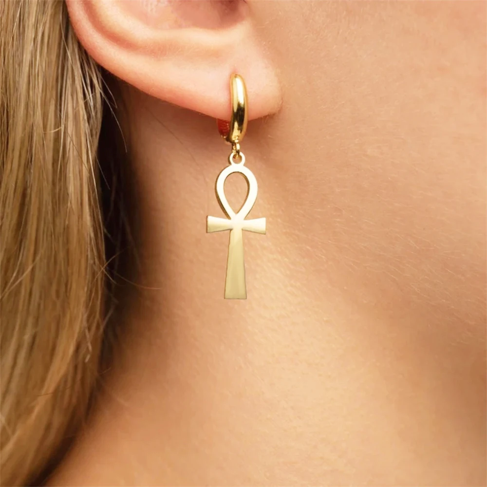 

A Pair Stainless Steel Ancient Egypt Ankh Drop Earrings for Women Vintage Key of Life Earrings Girls Charm Wedding Jewelry Gifts