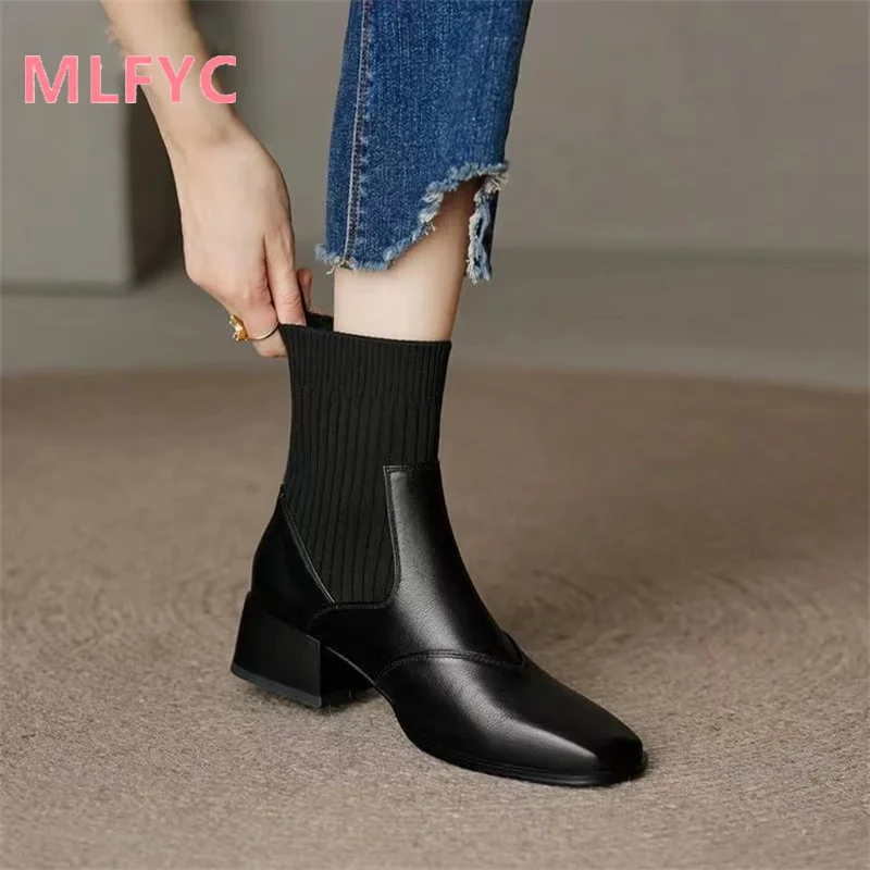 Short Boots Autumn Winter New Square Headed Knitted Elastic Women's Boots Fashionable and Simple Shoes female Boots