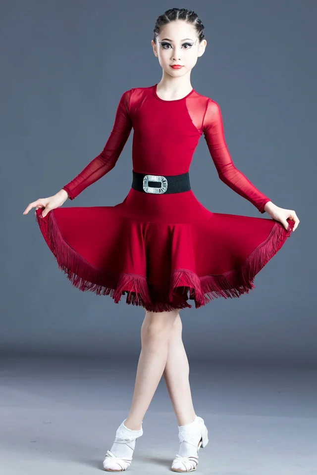 Vestido De Dança Latina Para Meninas - Lantejoulas E Franjas Para Competição