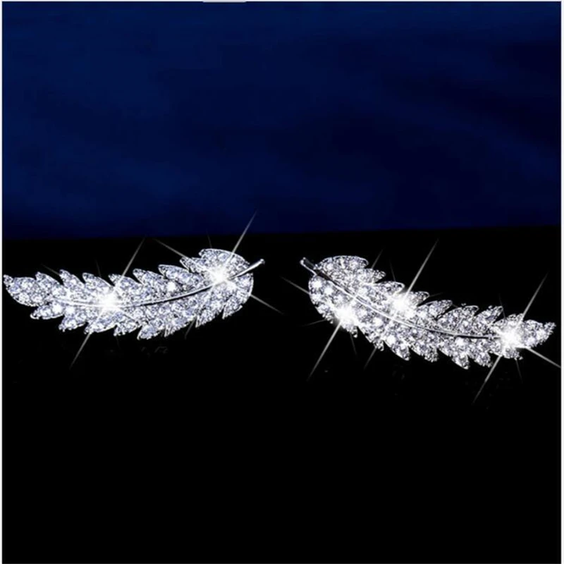 1 Pair Feather Ear Climbers Cuff Earrings Light Luxury Crystal Diamonden Wedding Earrings For Women Jewelry