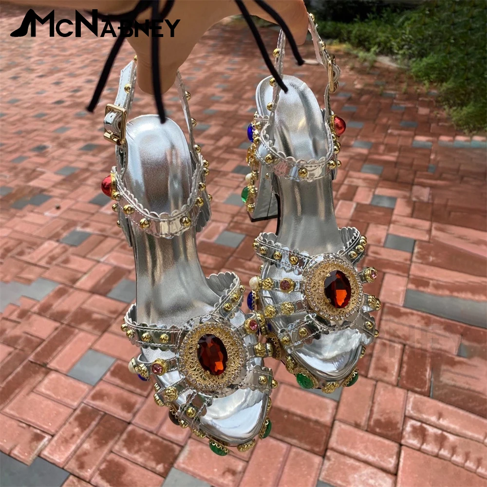 

Silver Platform Luxury Gemstone Sandals Jewelry Leather High Heels Fashion Chunky Heel Summer Shoes Round Toe Colorful Shoes New
