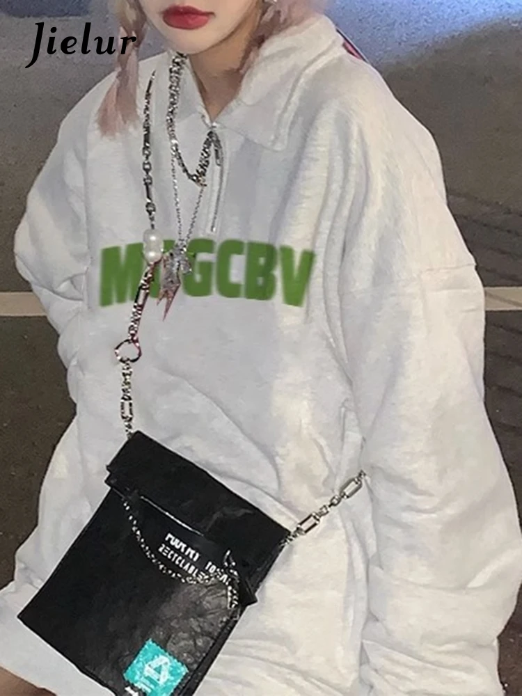 

Jielur Повседневные женские толстовки с буквенным принтом, свободные зимние модные простые женские толстовки на молнии с воротником-поло, 6 цветов