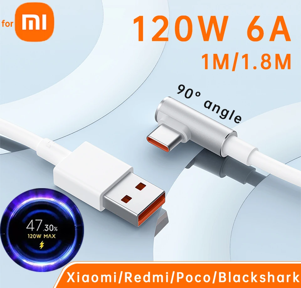 120w For Xiaomi L Shaped Turbo Charge Cable Usb Type C 6a Hyper Charge Cabo  Usb Tipo C L Bend Mi 11 Redmi K40 K50 Poco X4 F3 F4