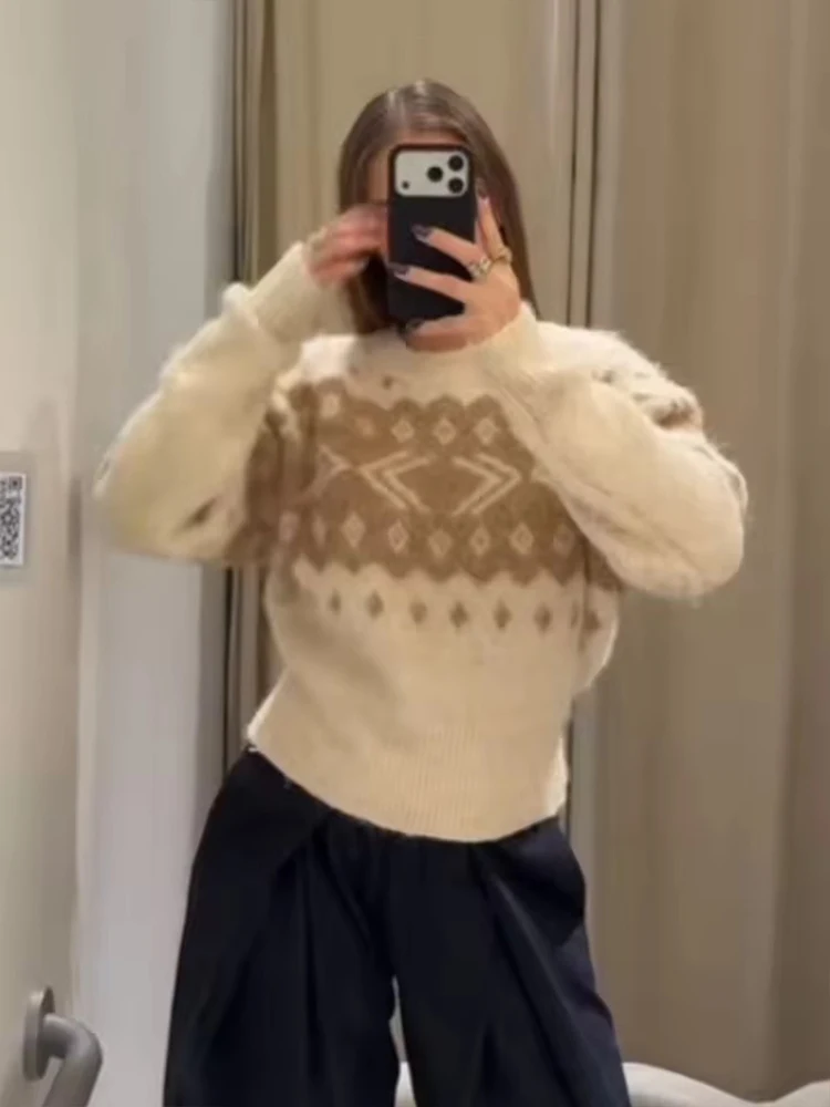 Women's Knitted Pullover Women Fashion Long Sleeve Vintage Jacquard Short Sweater 2025 New Casual Loose Knitwear Tops ﻿ ﻿