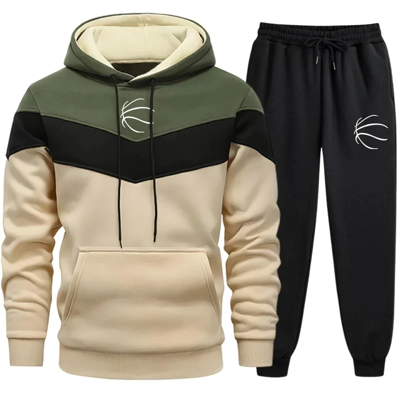 Men's Tricolor Striped Hoodies and Sweatpants Autumn Winter Sportswear