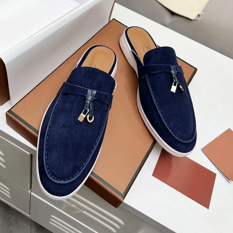 

Summer Fashion Navy Blue Color Vintage Casual Flat Bottom Muller Shoes Men And Women Round Toe Metal Ornament Slingbacks Shoes