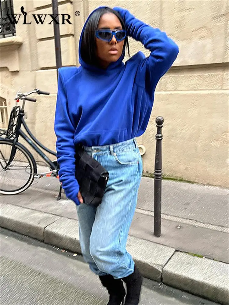 

WLWXR Fall Fashion Streetwear Pockets Hoodies For Women 2022 Loose Garment Horn Long Sleeve White Hoodies Solid Hoodies Female