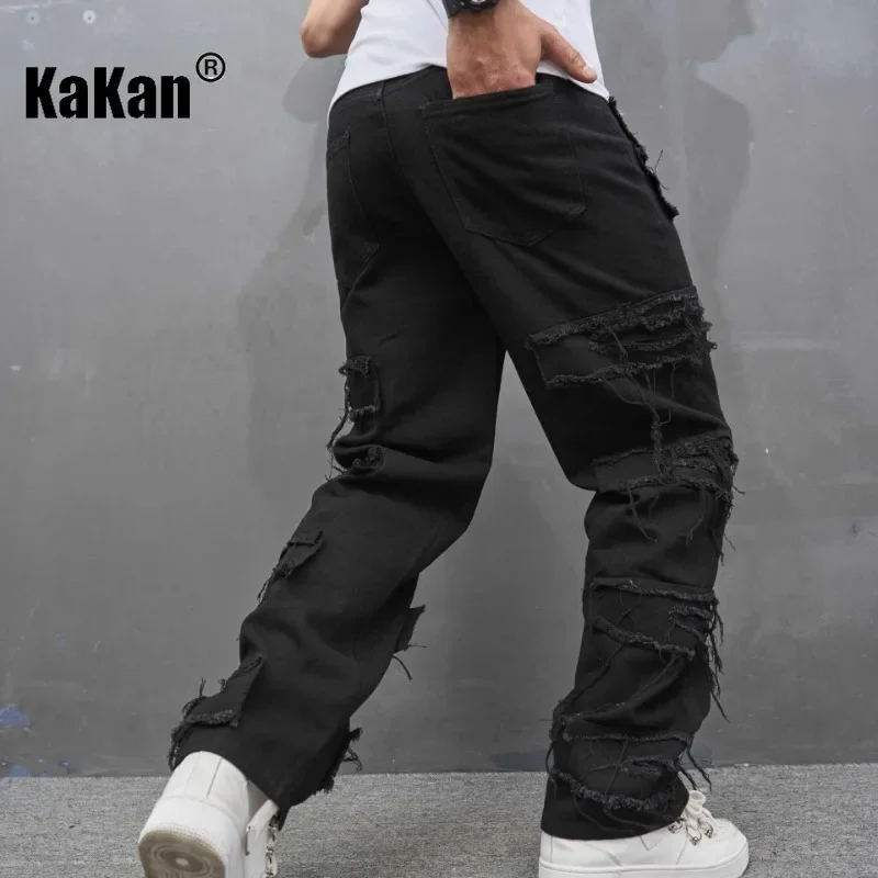 Kakan - European and American New Trend Loose Hole Patch Jeans for Men, Retro Casual Black Long Jeans K78-010