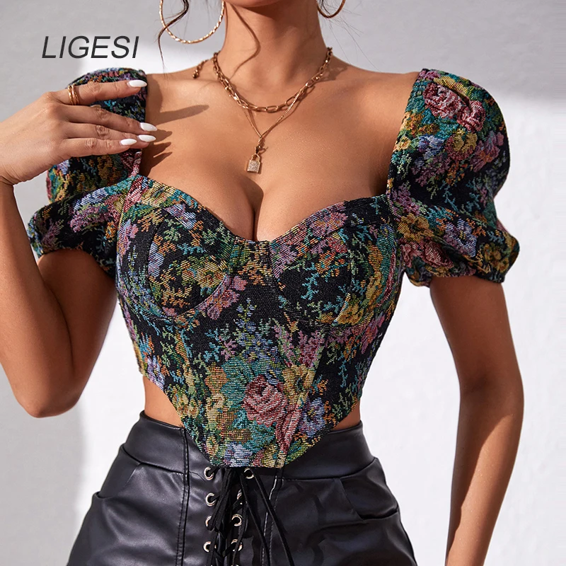 

Elegant Puff Sleeve Crop Top Women's T Shirt Summer Short Sleeve Chinese Style Vintage Embroidery Floral Asymmetric Top Y2k
