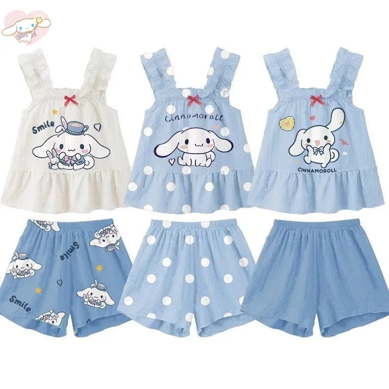 

Пижама Sanrio Cinnamoroll с бантом, кавайная Kuromi My Melody для девочек, повседневная одежда без рукавов, Мультяшные милые детские топы, игрушки для детей