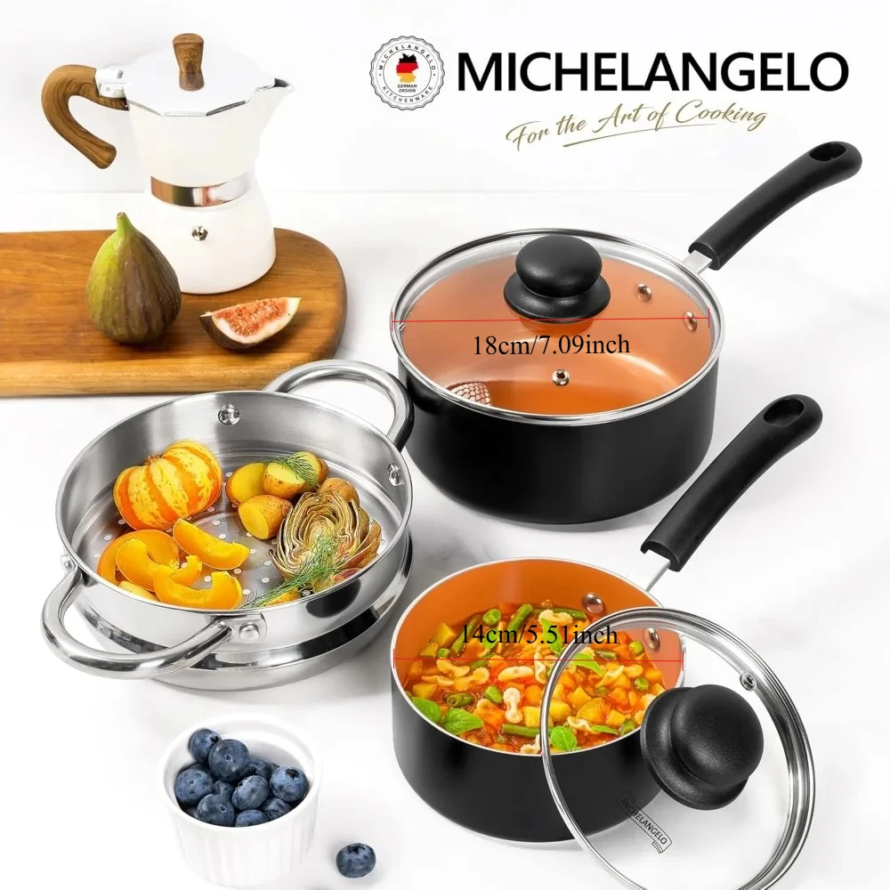 MICHELANGELO Nonstick 1QT & 2QT Ceramic Saucepan Set with Lid and Steamer 5