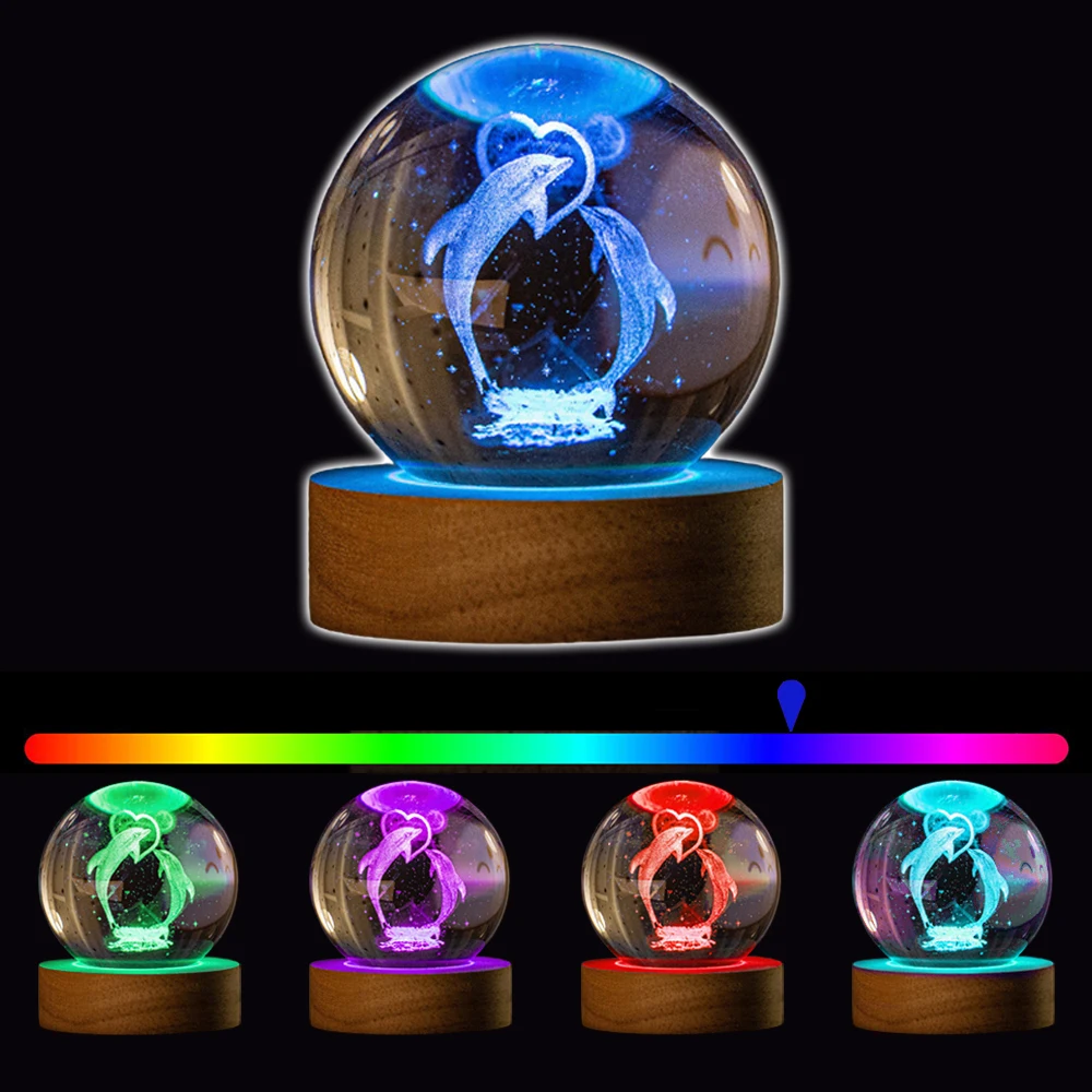 1pc 3D Dolphin Crystal Ball Lamp Marine Animals Crystal Ball Night Light 16 Colors Light Desk Lamp Birthday Gift Souvenir