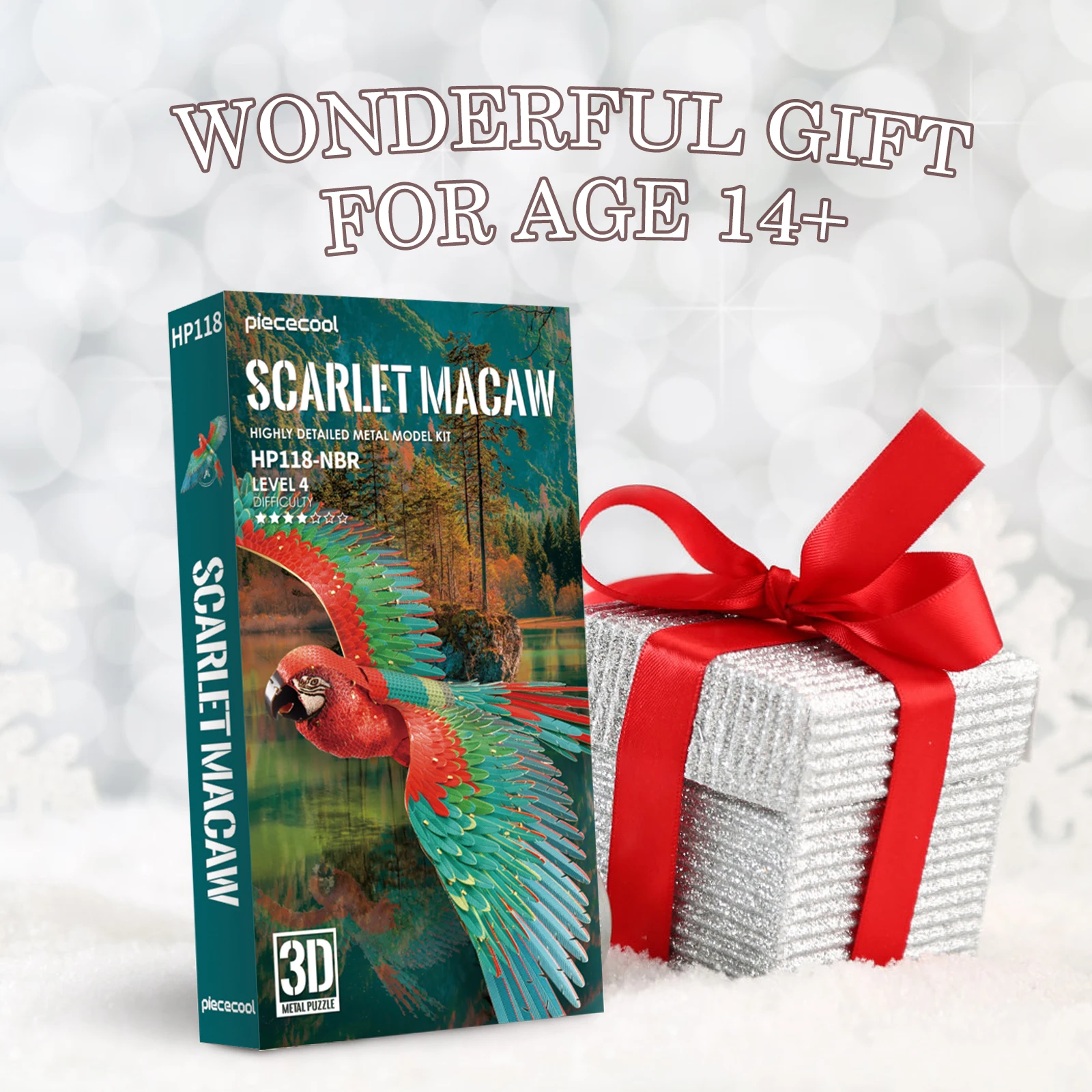 Piececool 3D 금속 퍼즐-아크릴 스탠드가있는 스칼렛 잉꼬 DIY 모델 키트 성인을위한 퍼즐 장난감 데스크탑 장식 선물 조립