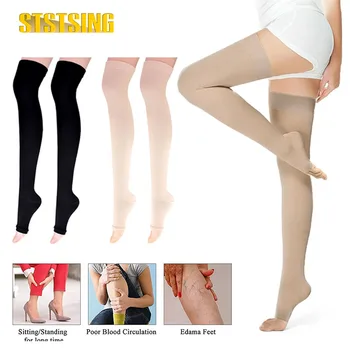 남녀공용 오픈 토 허벅지 고압축 스타킹, 실리콘 밴드 포함, 탄력 20-30 mmHg 졸업 지지대, 부종, 1 쌍
