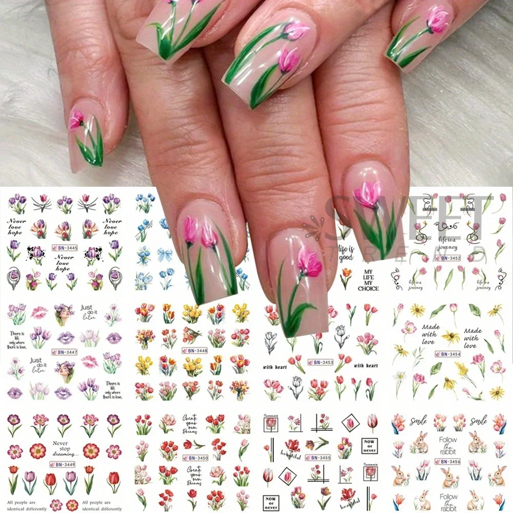 Simple Tulips Flower Nail Stickers 12 Designs Colorful Bouquet Bow Sunflower Water Decals Nail Art Decoration Watermark Florals