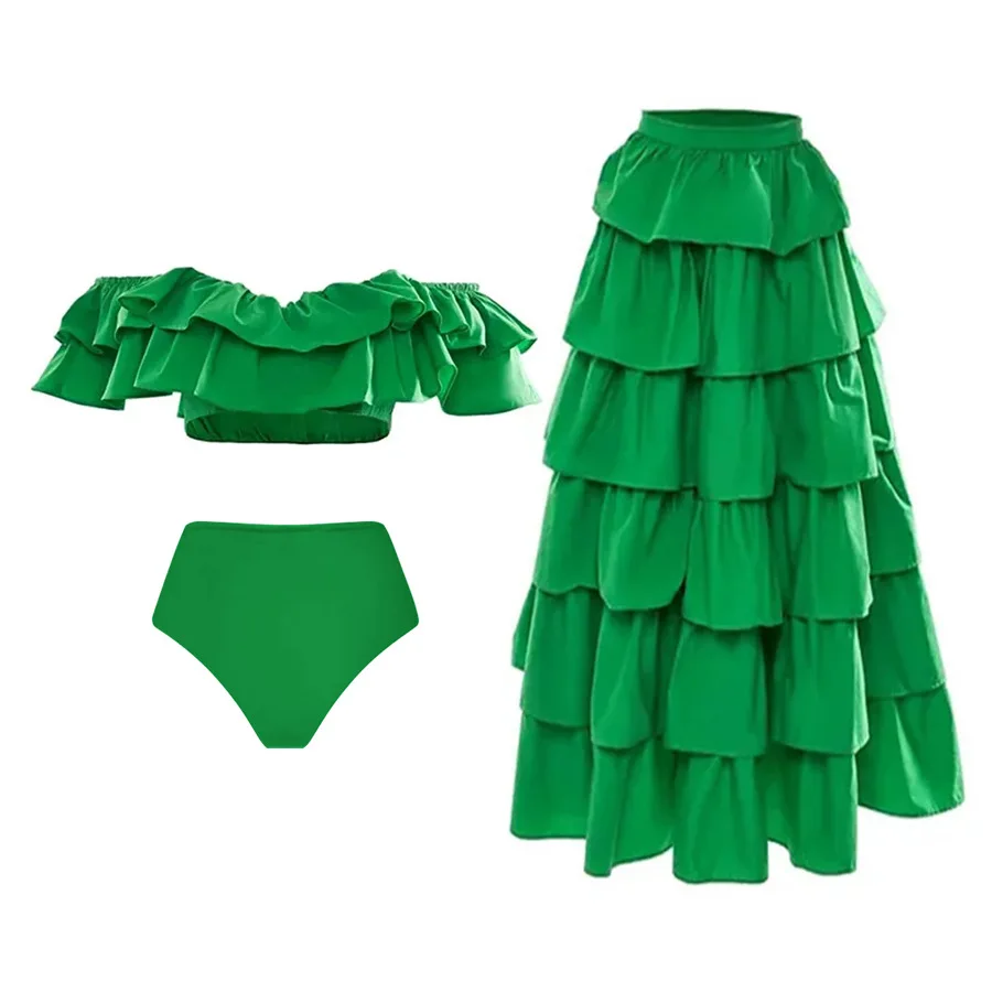 2023 New Solid Color Swimwear Ruffled Two-piece Swimsuit Women's High Waist Bikini Suit Skirt Bikinis and Beach Skirt Beachwear