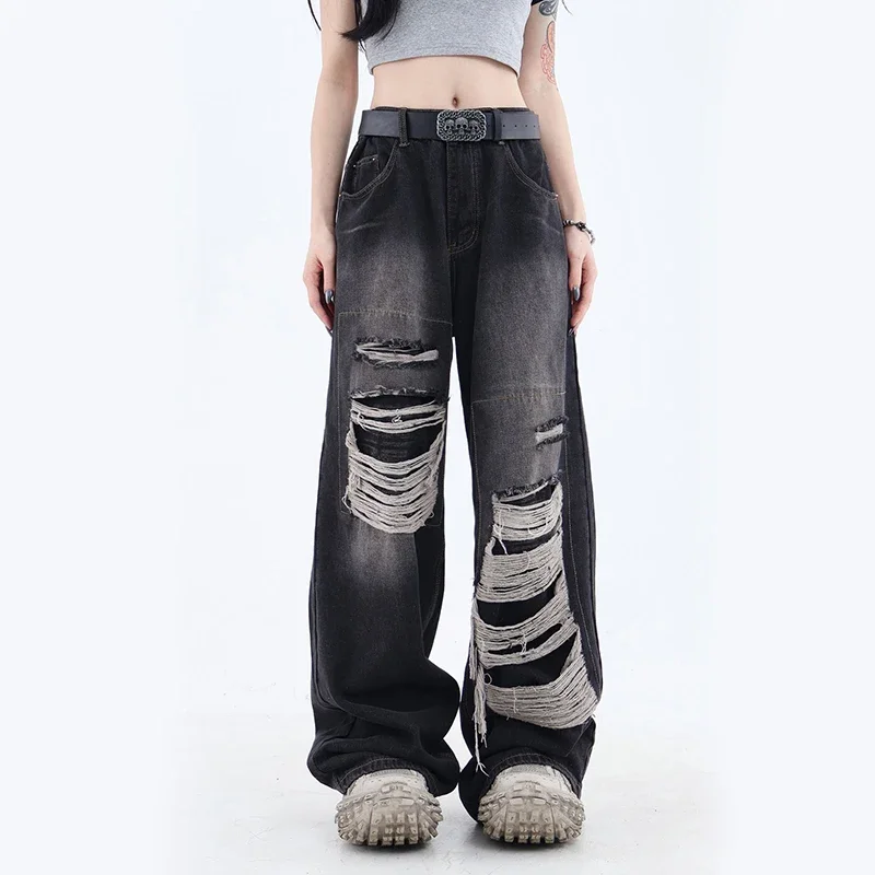 Y2K 2024 Fashion Retro Loose Denim Trousers Streetwear Harajuku Style Loose Wide Leg Jeans Straight Trousers Pockets Oversize