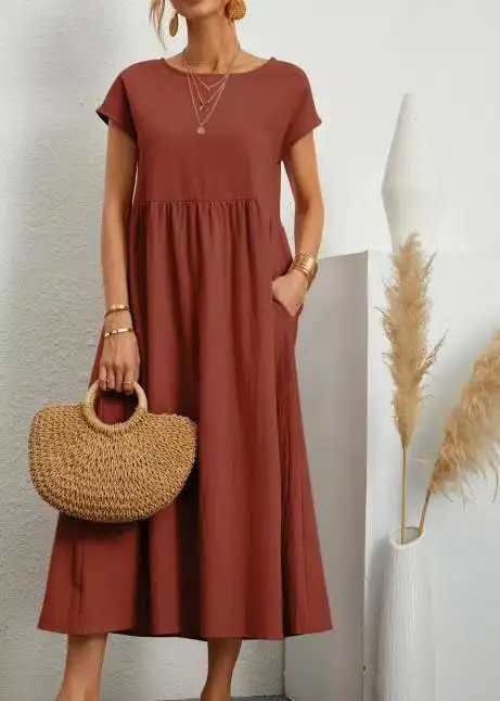 Women Dress Women Vintage Solid Dress Summer Elegant O Neck Short Sleeve Cotton Linen Dresses Female Casual Loose Sundress Long Dress