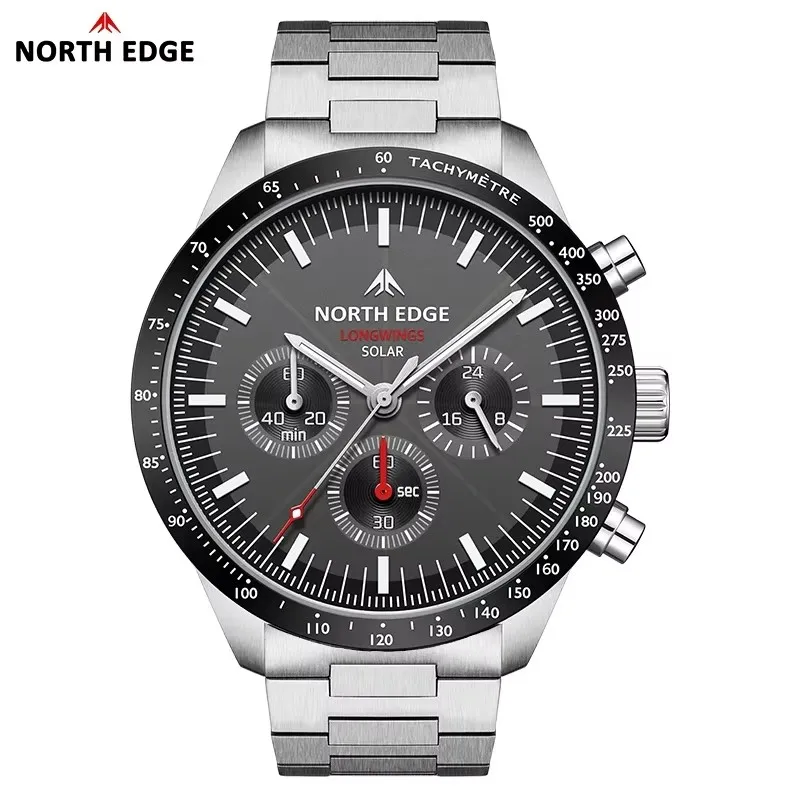 Men Quartz Watch Solar Powered Stopwatch Waterproof 50M 316 Full Stainless Steel Luminous Pilot Watch NORTH EDGE LONGWINGS