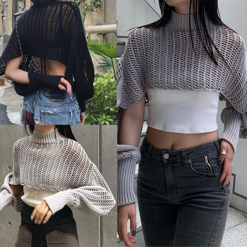 

Women's Knit Tops Fashion Hollow out Jumper Solid Half Turtleneck Crop Pullovers Chic Lantern Sleeves Smock Cover Ups