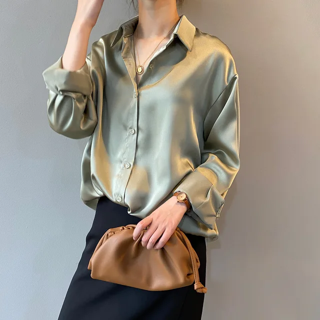 Korean solid color temperament shirt spring new item loose slimming long sleeved lapel shirt for women 1