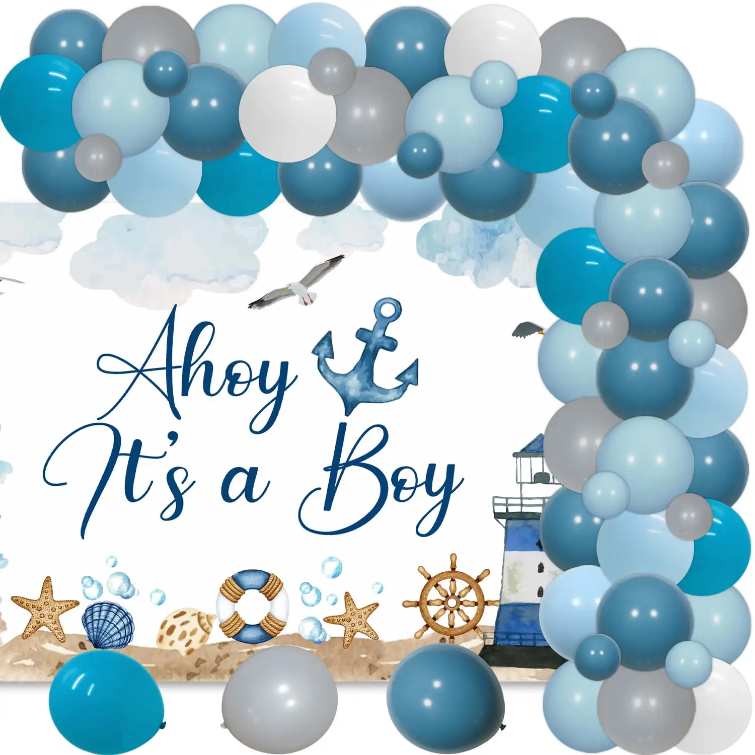 

Nautical Baby Shower Decorations for Boy Ahoy It’s A Boy Printed Background Blue Theme Balloon Arch Kit for Kids Party Supplies