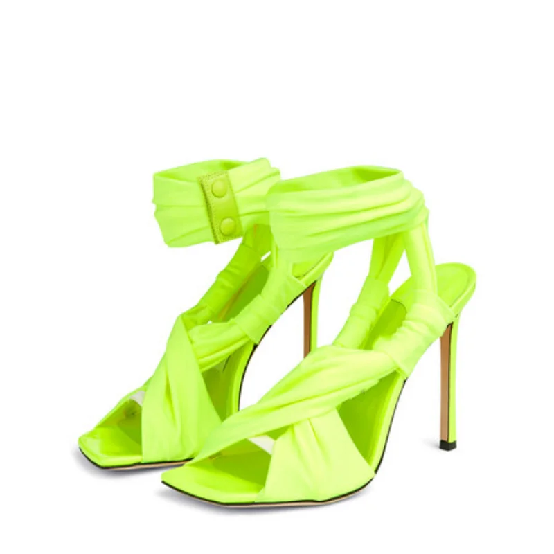 European and American Summer Silk Ribbon Wrapped Open Toe Ultra High Heel Black Green Large Size 35-46 Banquet Women Sandals