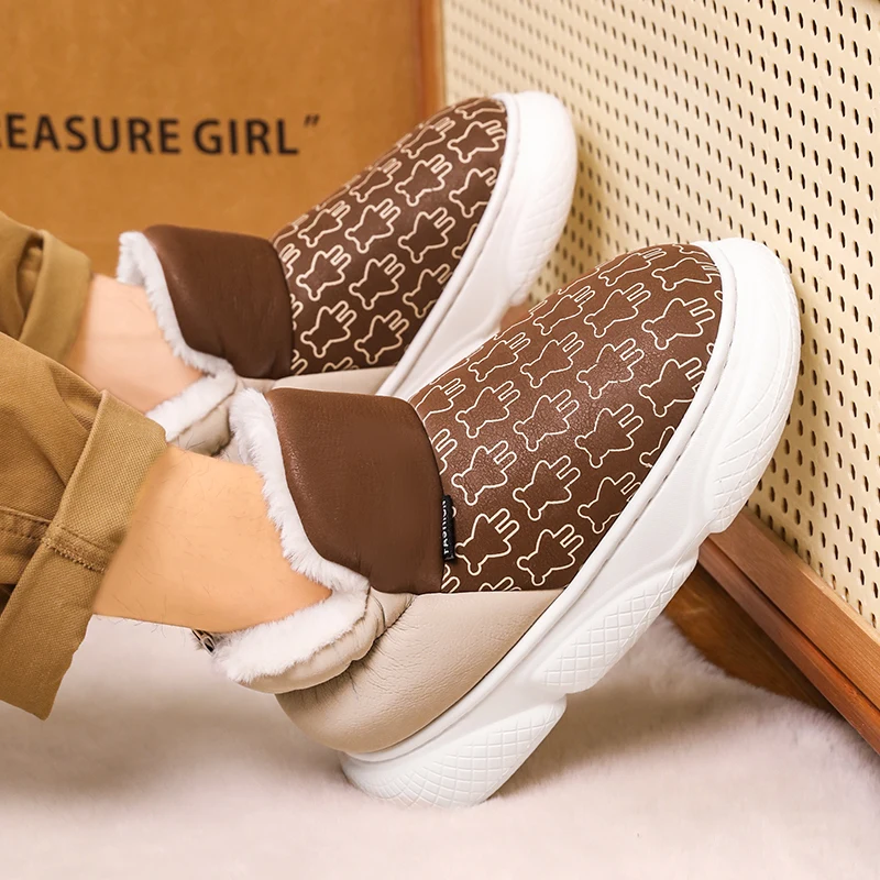 Men's and Women's Winter Thick Soled Anti Slip Warm Cotton Shoes with Fleece and Cotton Slippers Platform High Top Snow Boots