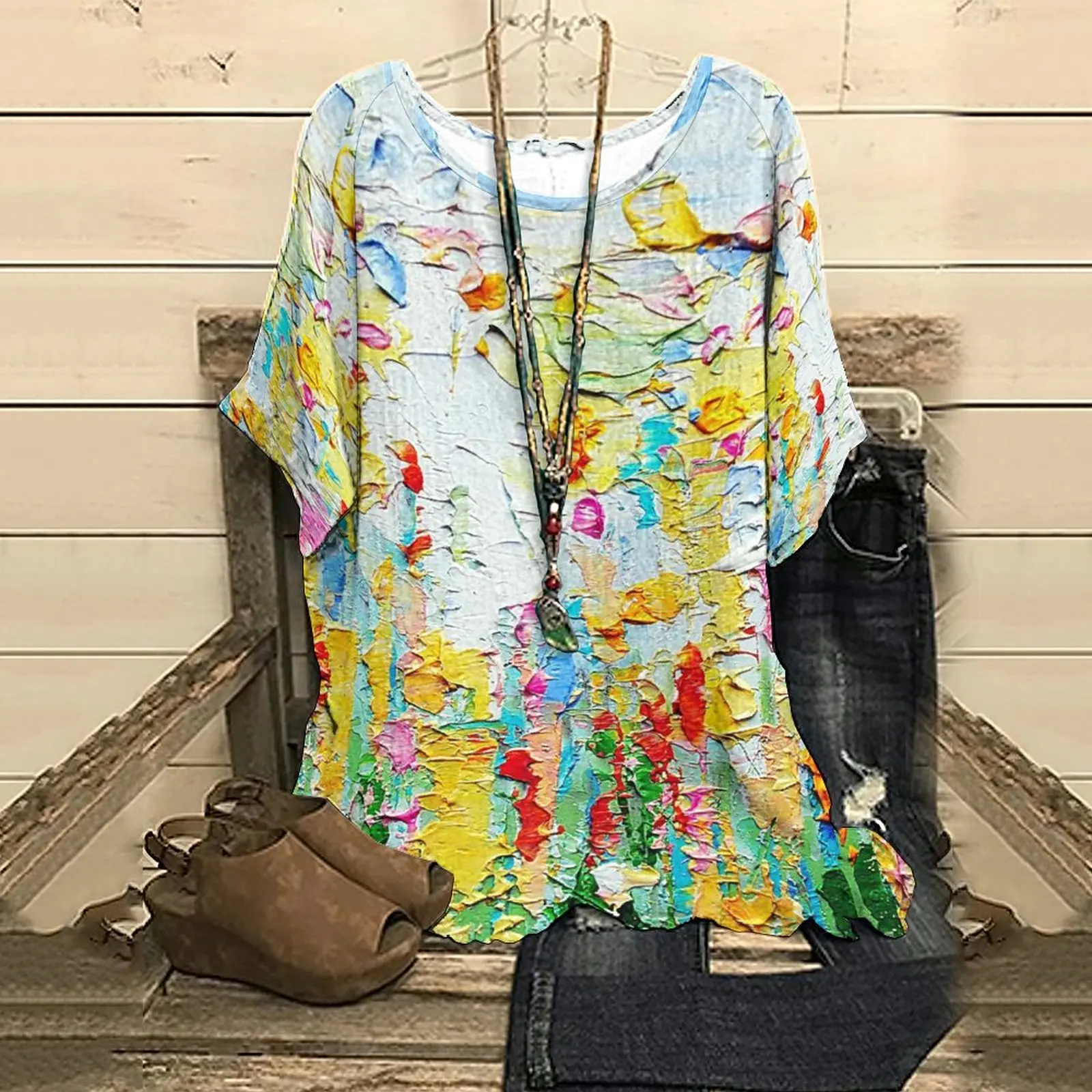 

New Summer Vintage Blouse Women's Half Sleeve Top Tee Oil Print Flower Print Graphic T-Shirt Streetwear