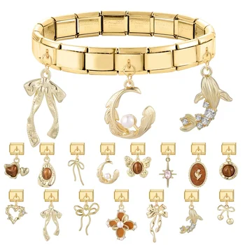Vintage Butterfly Bow Knot Heart Star Gold Color Pendant Beads Fit 9mm Italian Charm Bracelet Stainless Steel Jewelry DIY Gifts 1