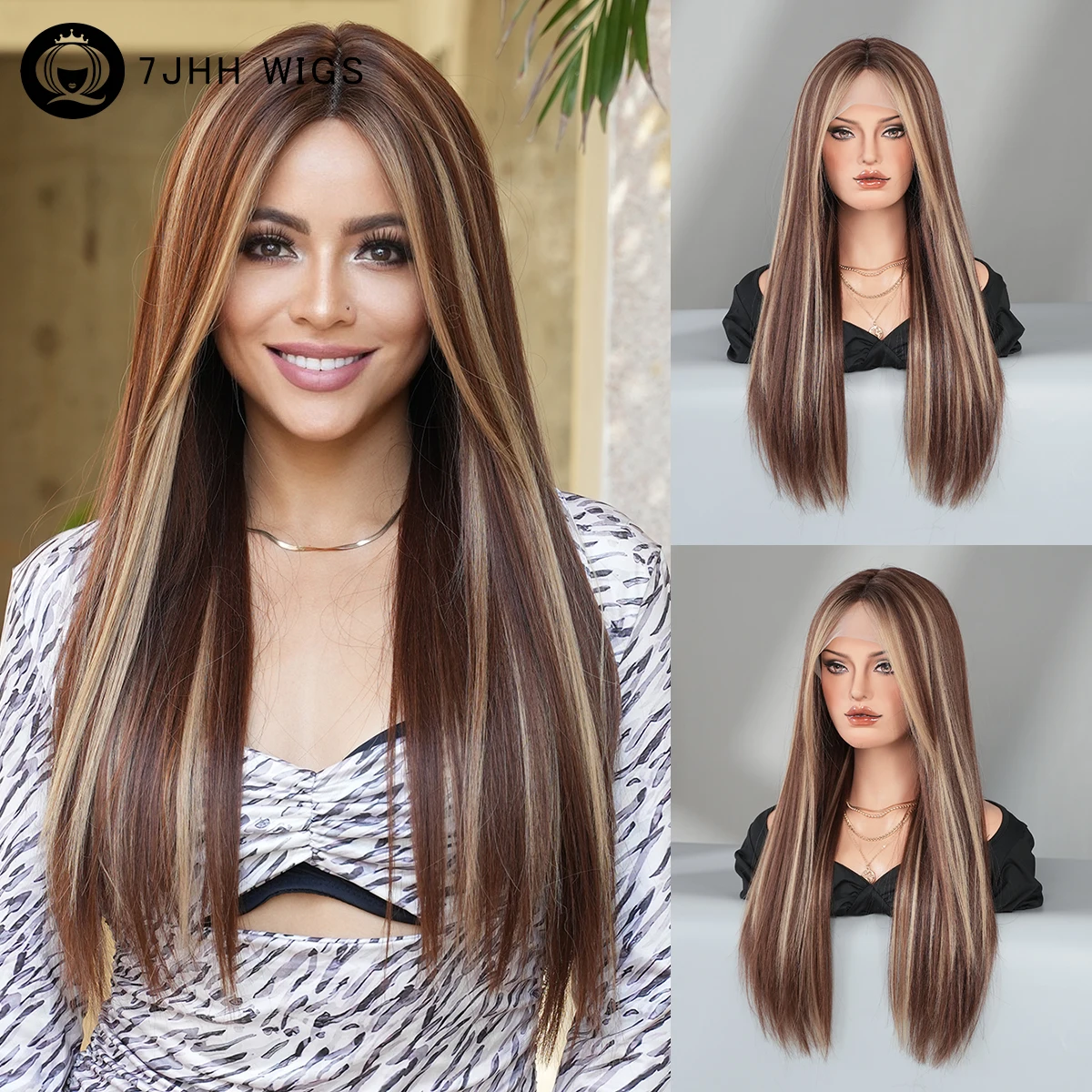 13*4 Lace Front Wig Long Straight Brown Highlight Beige Wigs for Women High Density Synthetic T Part Lace Wig with Curtain Bangs