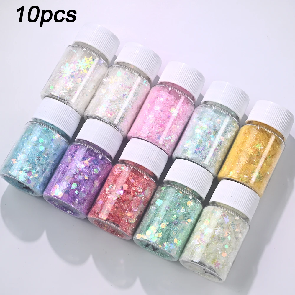 10pcs 하트/달/나비/눈송이 플레이크 네일 파우더 핑크/화이트/블루/옐로우 레이저 네일 글리터 더스트 무지개 빛깔의 네일 안료