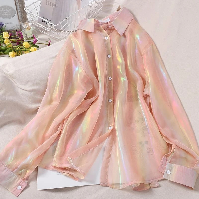 2024 Transparent White Shirt Oversized Long Sleeve Top Pleated Blouse Solid Sparkles Fairycore Women Beach Tunic Korean Clothes