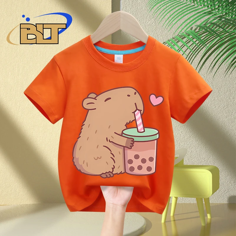 Cute Capybara Loves Bubble Tea print kids T-Shirt summer children's pure cotton short-sleeved casual tops boys and girls gifts 2