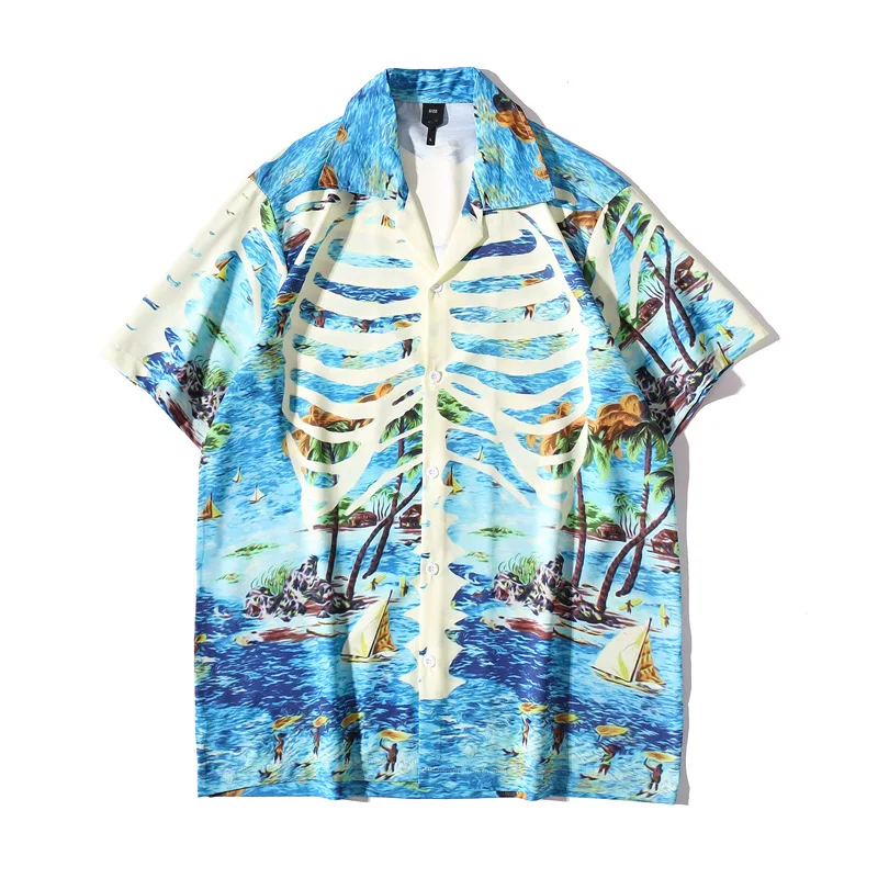 

Mens Casual Skull Printed Beach Shirts Summer New Trendyol Men Hawaiian Short Sleeve Shirt Man Oversized Vintage Shirt Top Uomo