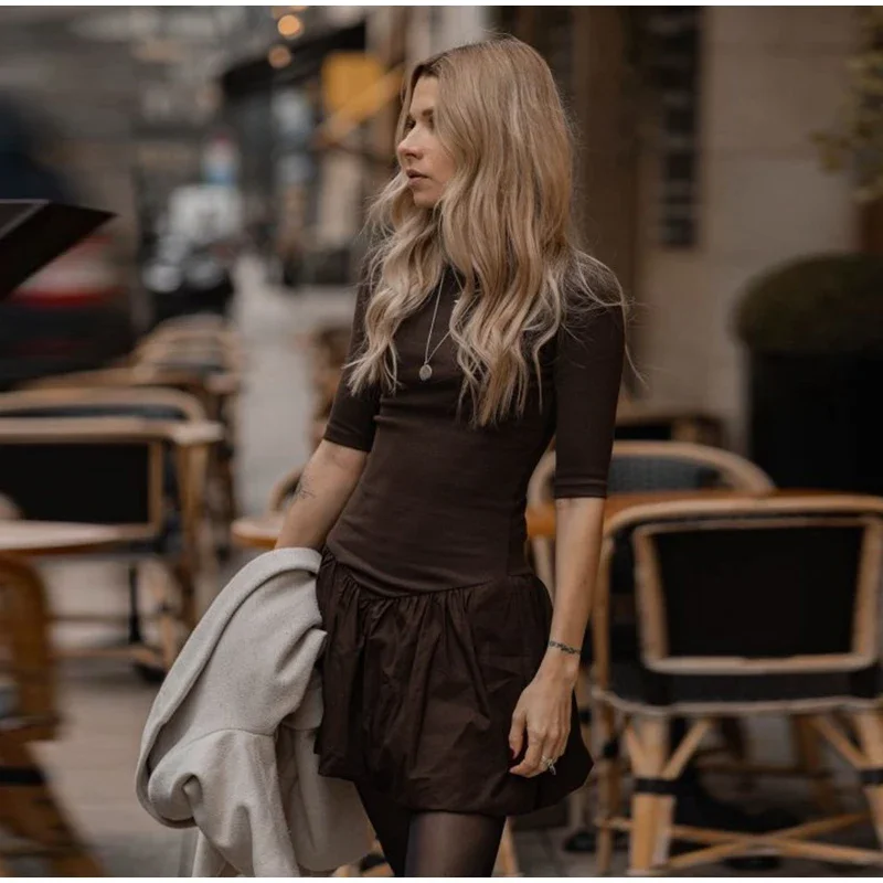Elegant Knitted Patchwork Brown A-line Dress Women O-neck Short Sleeves Pleated Ruffles Mini Dresses 2025 Lady Solid Vestidos