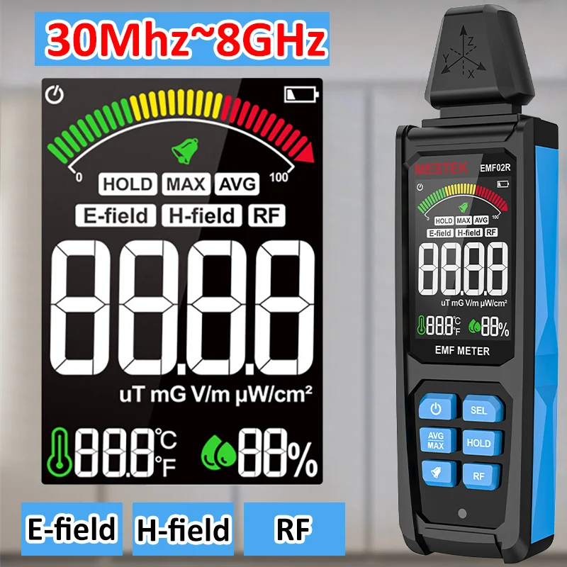 3-In-1 Color Screen EMF Meter 30Mhz~8GHz High Frequency Radiometer Electromagnetic Field RF Radiation Detector Max/Avg Test