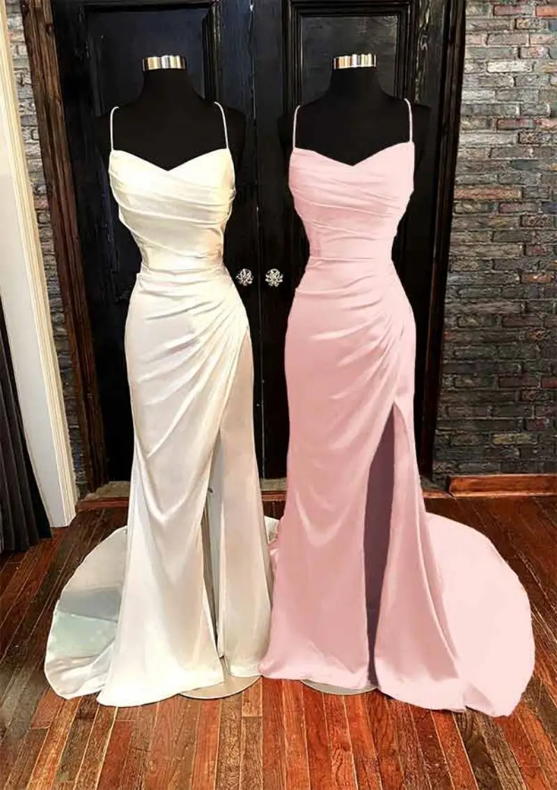 

Женское длинное атласное платье-русалка, розовое Плиссированное Платье с V-образным вырезом, высоким разрезом и открытой спиной, на бретелях-спагетти, для выпускного вечера, 2019